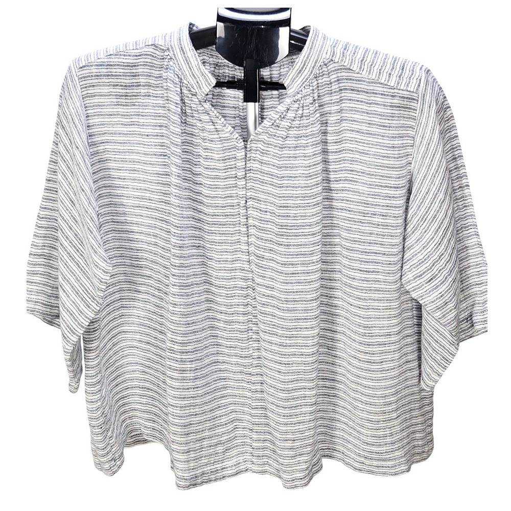 Women's Apiece Apart Size 6 Agata Striped Linen Blend Split Neck Top Coastal